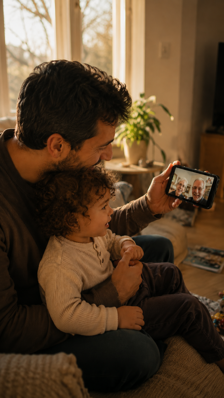 Father and child on a video call with grandparents