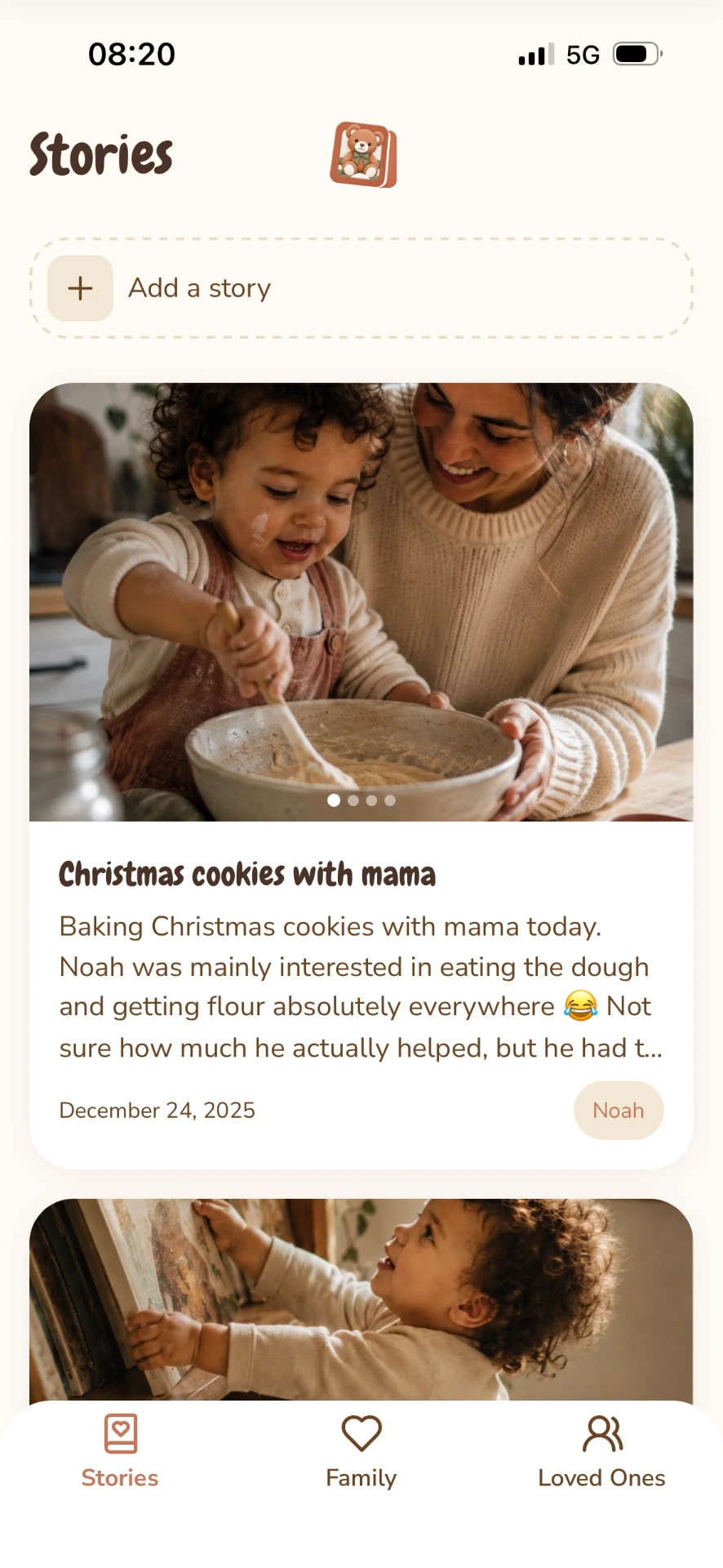 Storynook stories feed showing a family baking together