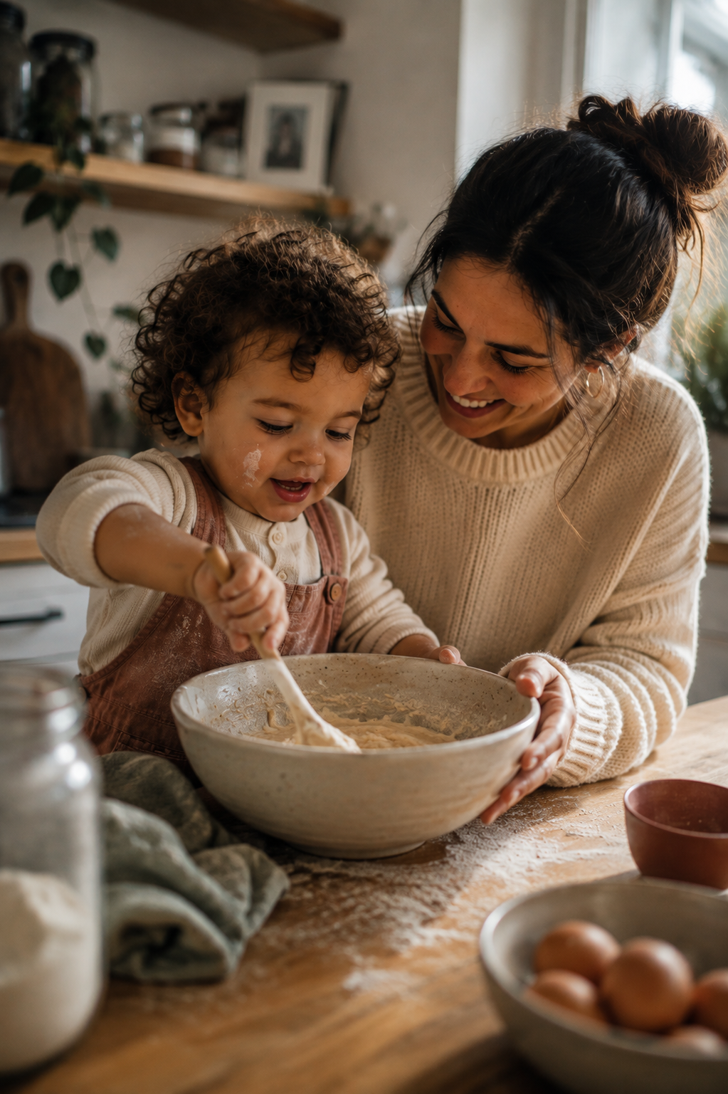 Parent and toddler baking together in a warm kitchen