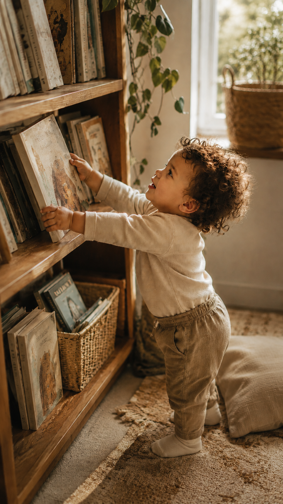 Toddler picking a picture book from a wooden bookshelf